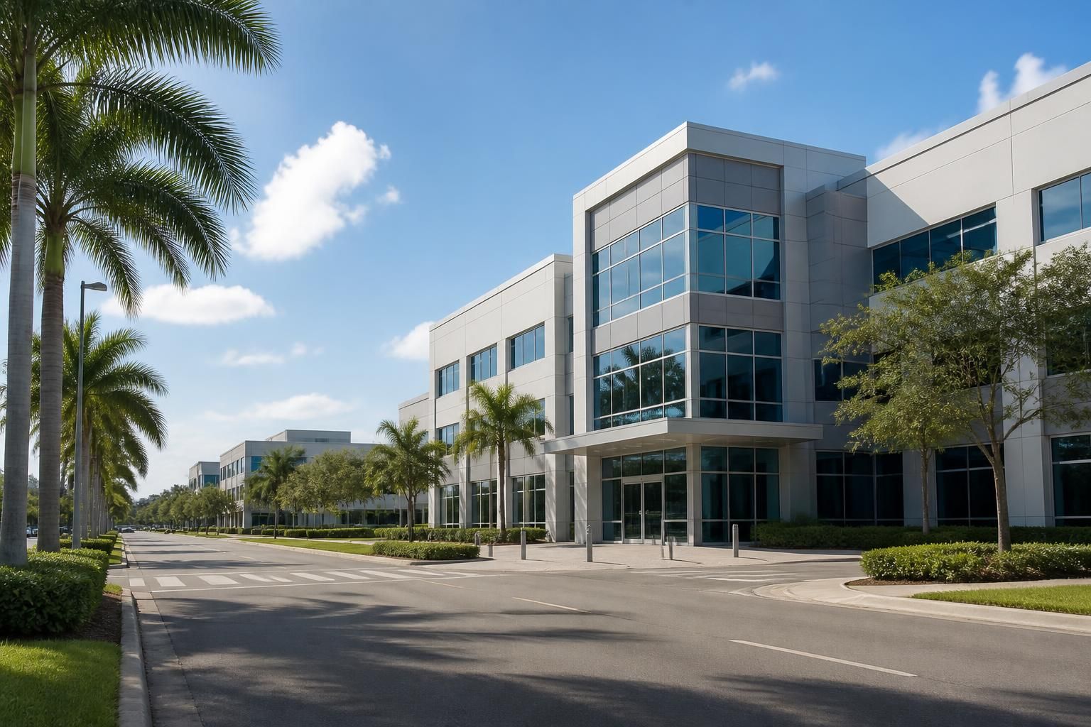 Modern business park street in Doral, Florida.