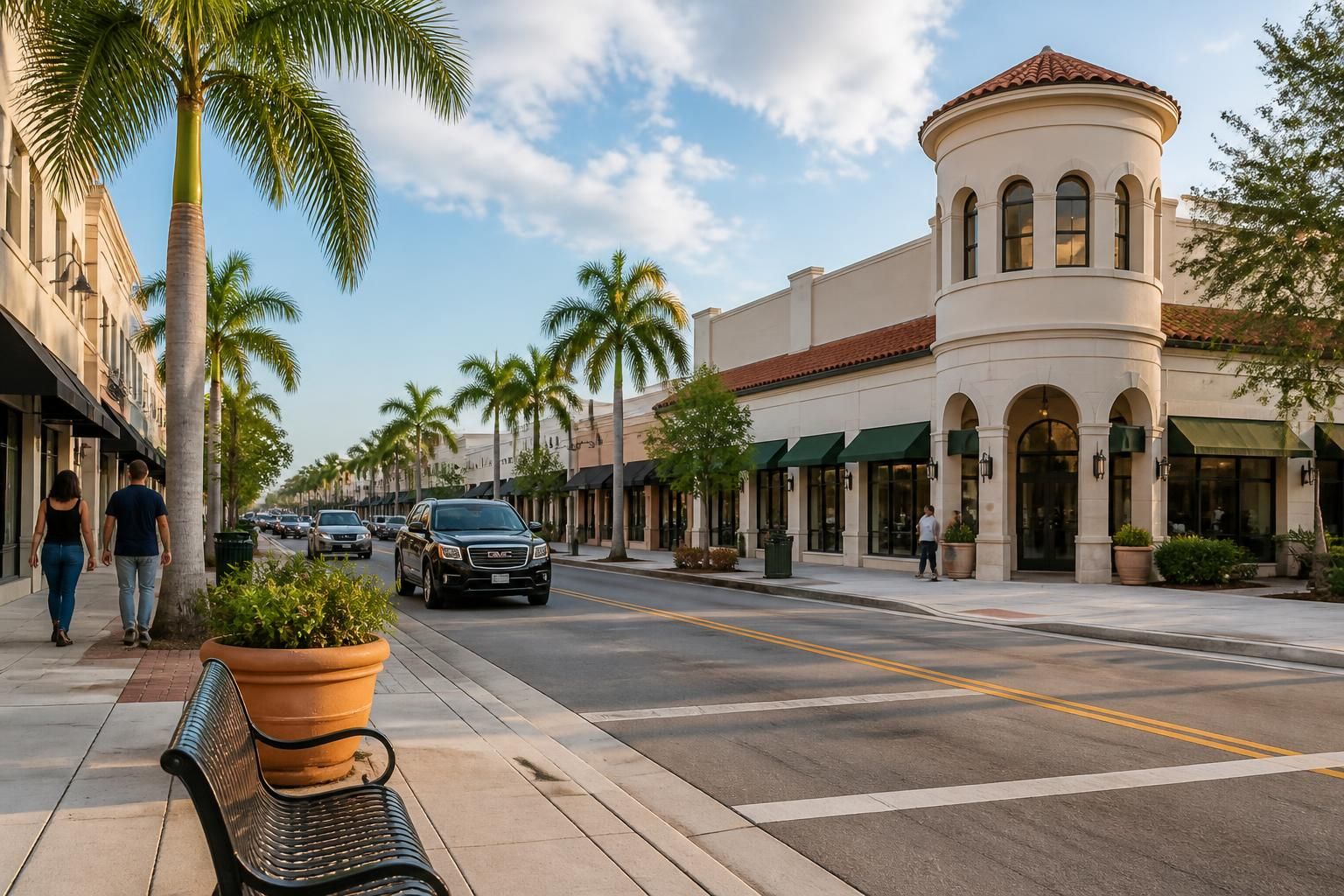 Palm-lined urban street in Hialeah, Florida.