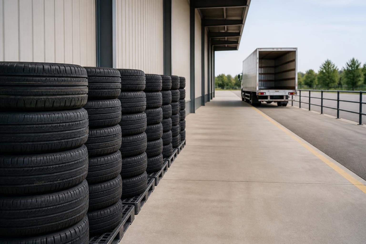 Organized tires staged for a scheduled pickup.