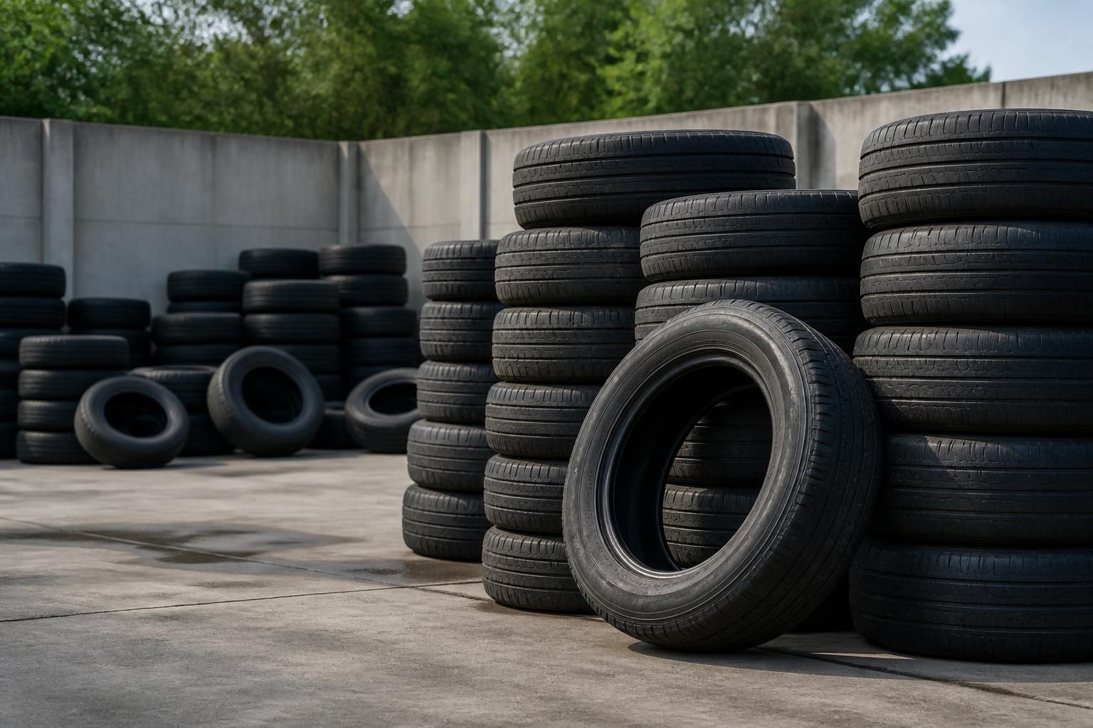 Scrap tires stacked neatly on a clean paved surface.