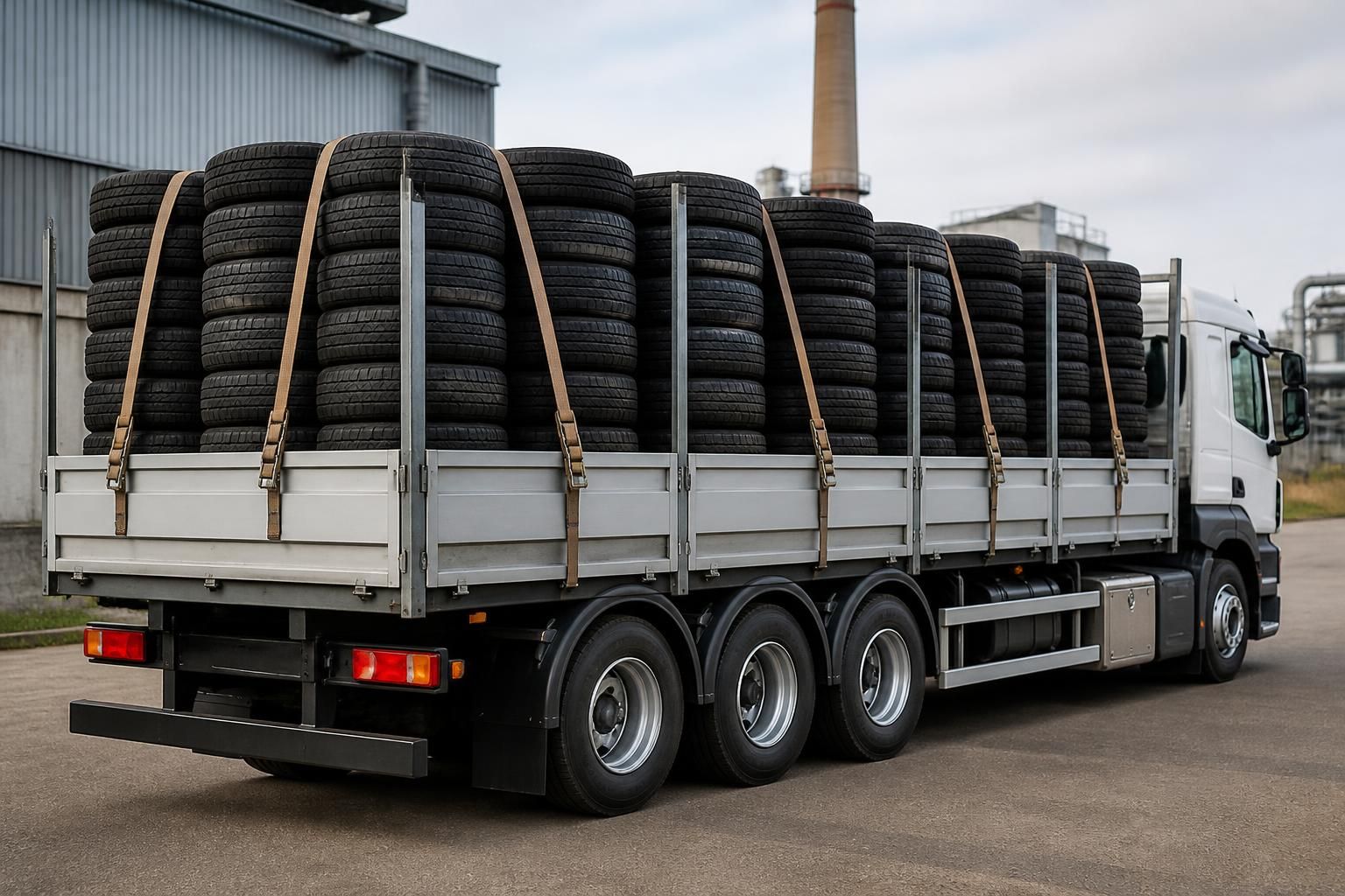 Truck transporting secured stacks of waste tires.